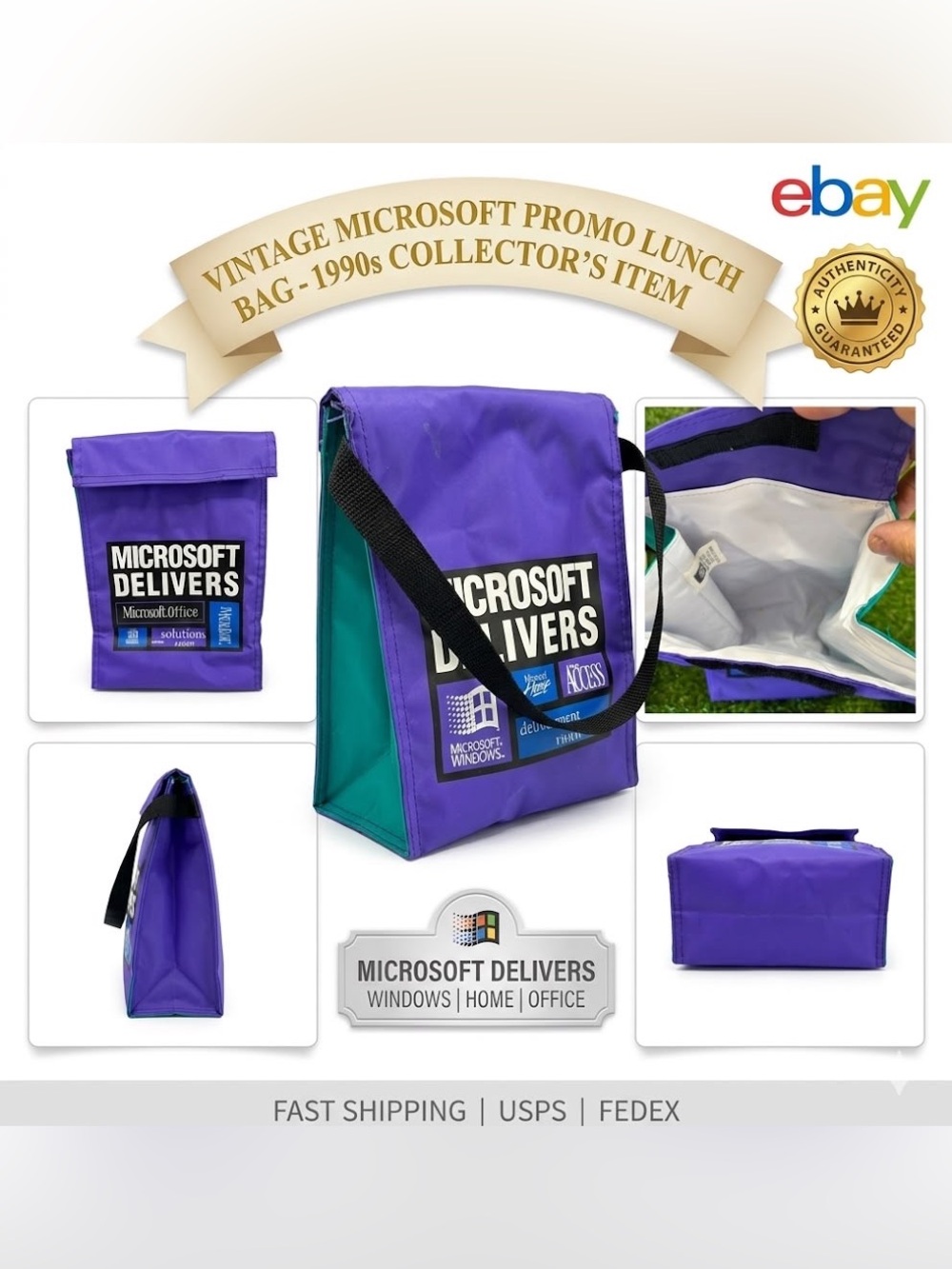 Vintage 90s Microsoft Delivers Promo Insulated Lunch Bag Purple Windows Office